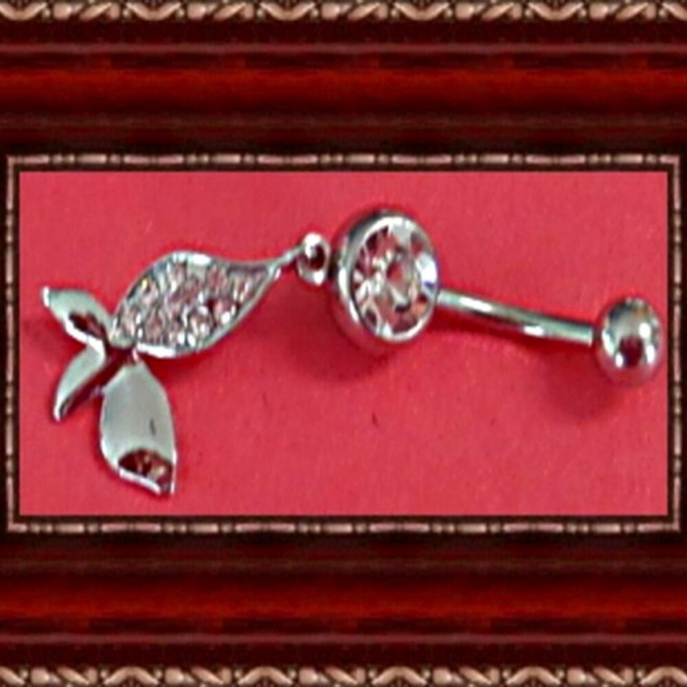 Silver Tone Flower Design Navel Belly Button Ring With Clear Crystals